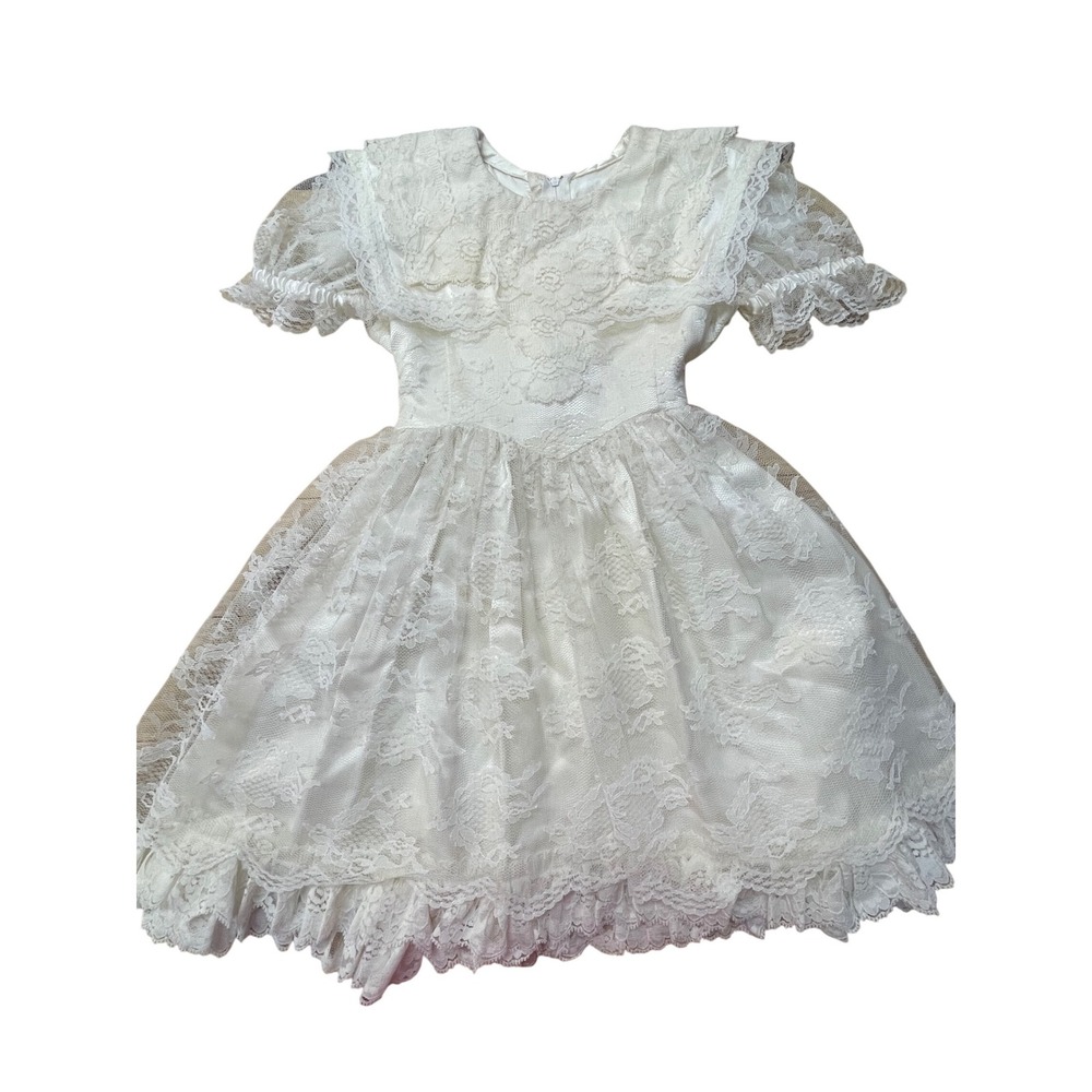 Vintage‎ Girls White Lace Flower Girl Dress Satin Bow Communion Formal